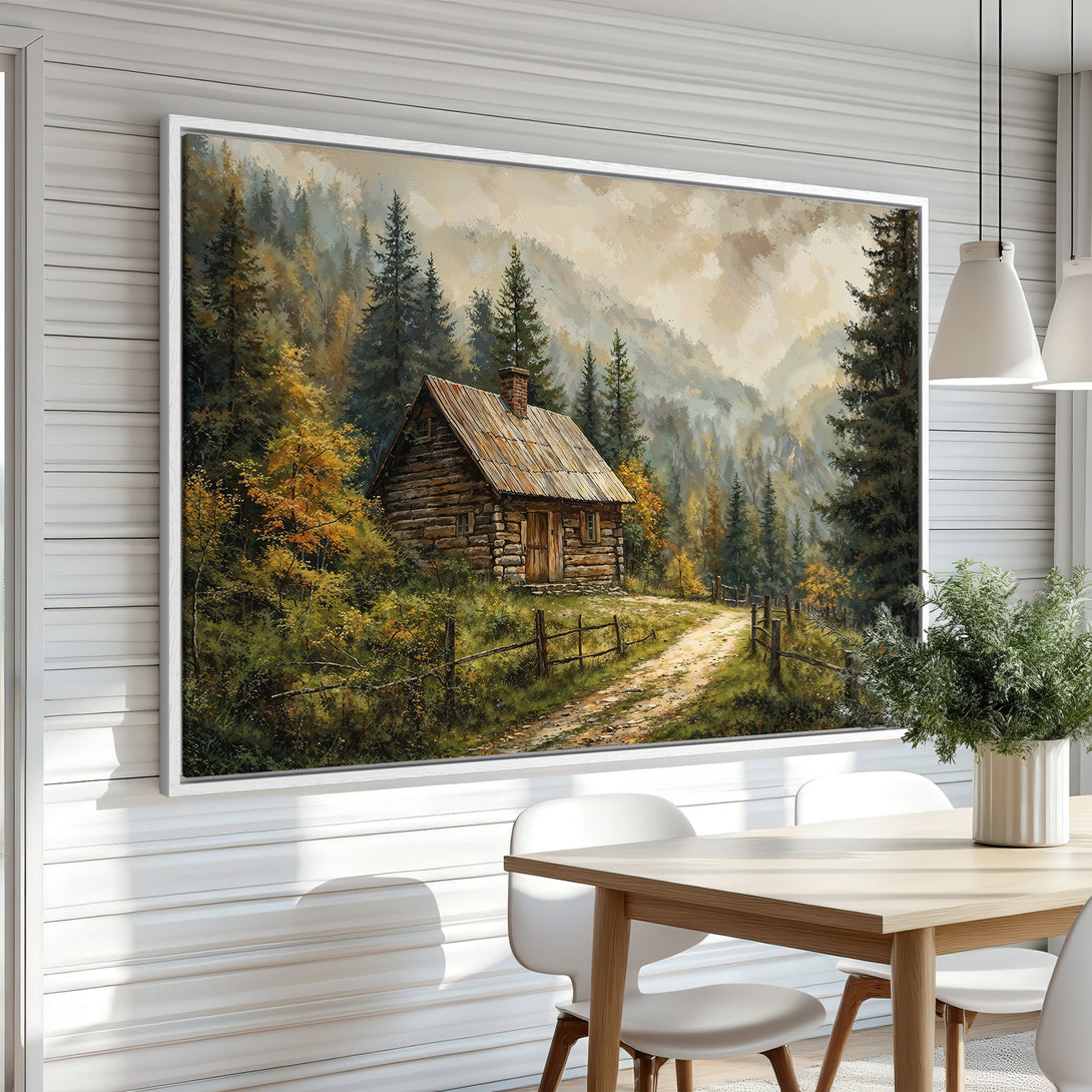 Framed Wall Art: Rustic cabin landscape in warm earth tones. Perfect for adding a cozy touch to your home decor. Enhance your space with this beautiful Canvas Print.