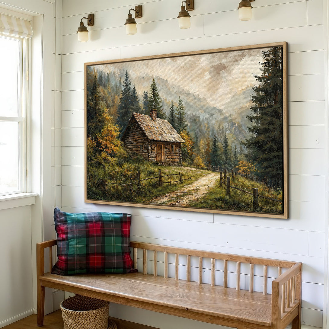 Framed Wall Art of a cozy cabin in a forest. Warm earth tones and rustic style create a welcoming atmosphere. Perfect for adding a touch of nature to your home!