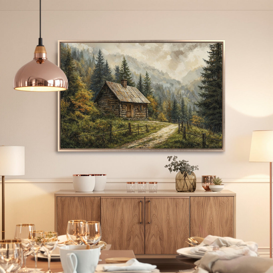 Framed Wall Art: Rustic cabin landscape painting in warm earth tones. Perfect for adding a touch of nature to your home decor.