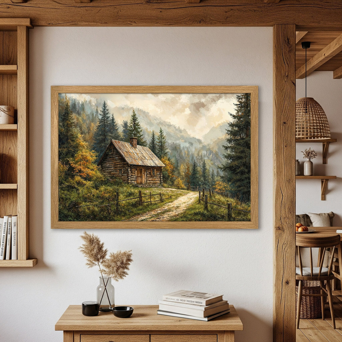 Framed Poster featuring a cabin in a forest landscape, painted in a rustic style with warm, earthy tones. Perfect wall art!