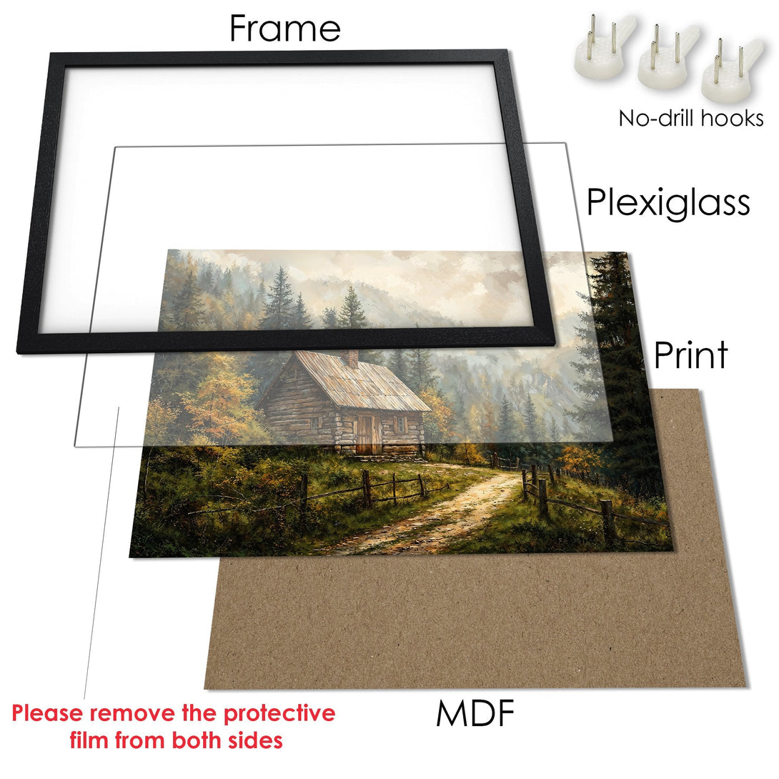 Framed Poster of a rustic cabin scene in a warm, autumnal color palette. Bring the beauty of nature to your home!