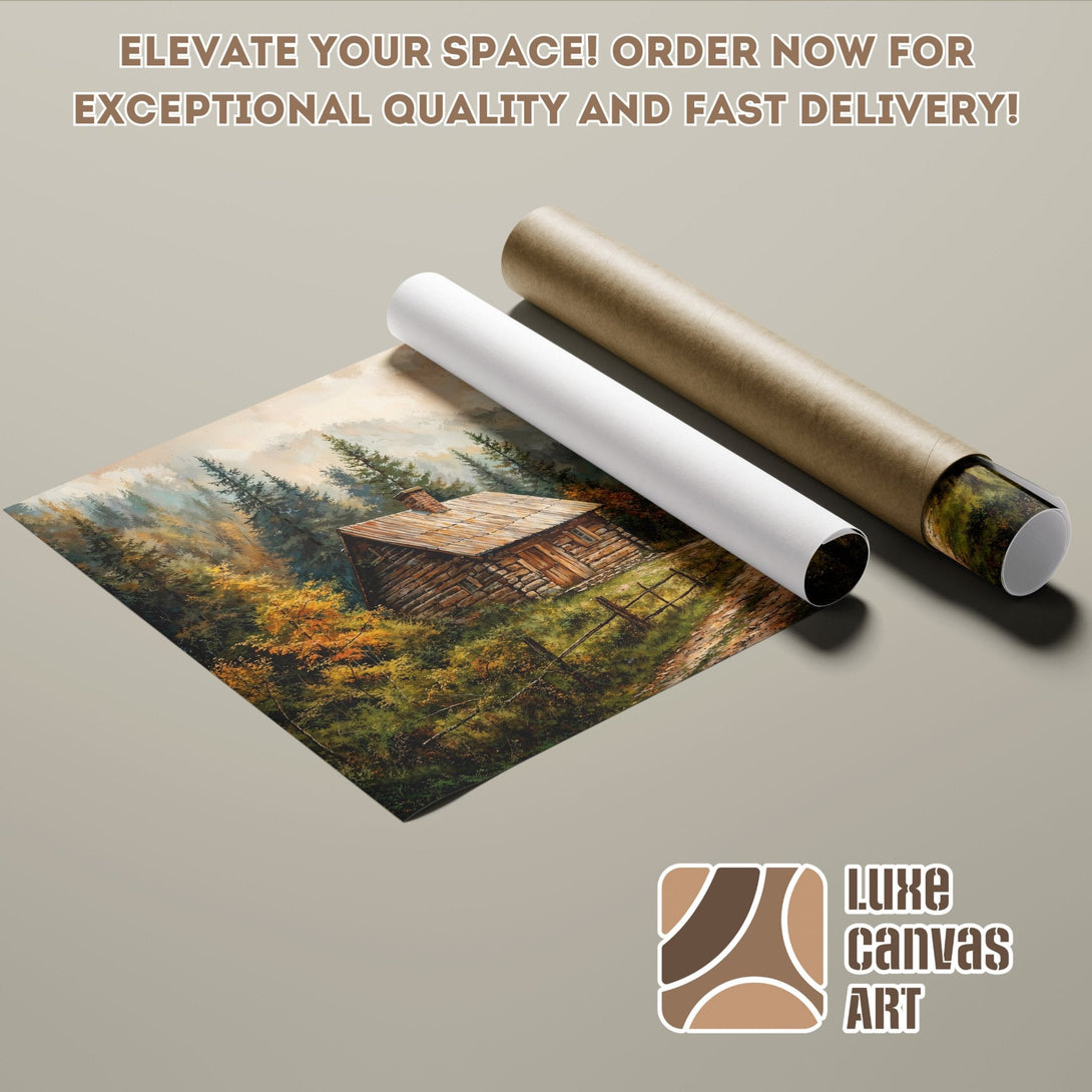 Poster Roll of a cabin in a forest, warm color palette, perfect for home decor.
