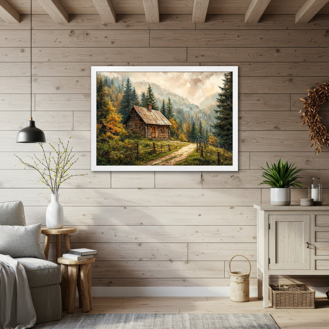 Framed Poster of a cabin in a forest, rustic style, warm earth tones. Perfect wall art for your home.