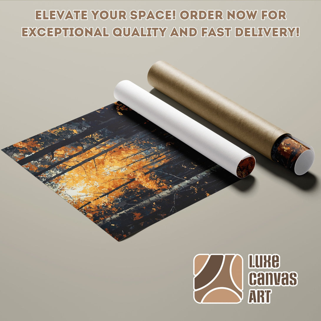 Poster Roll featuring an abstract forest scene in warm orange and black tones. Elevate your decor!