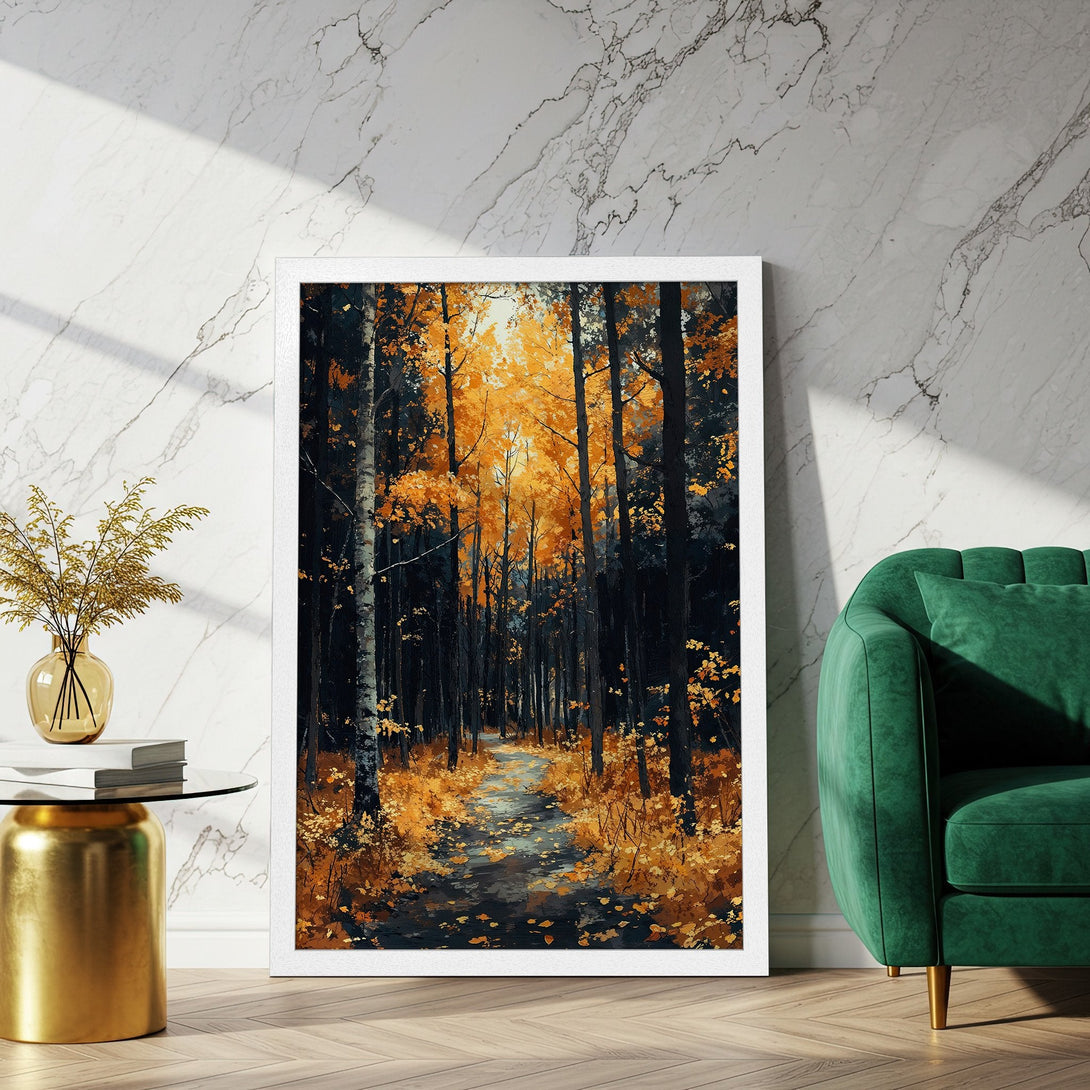 Framed Poster featuring a forest scene in a warm, autumnal color palette. Add a touch of nature to your home!