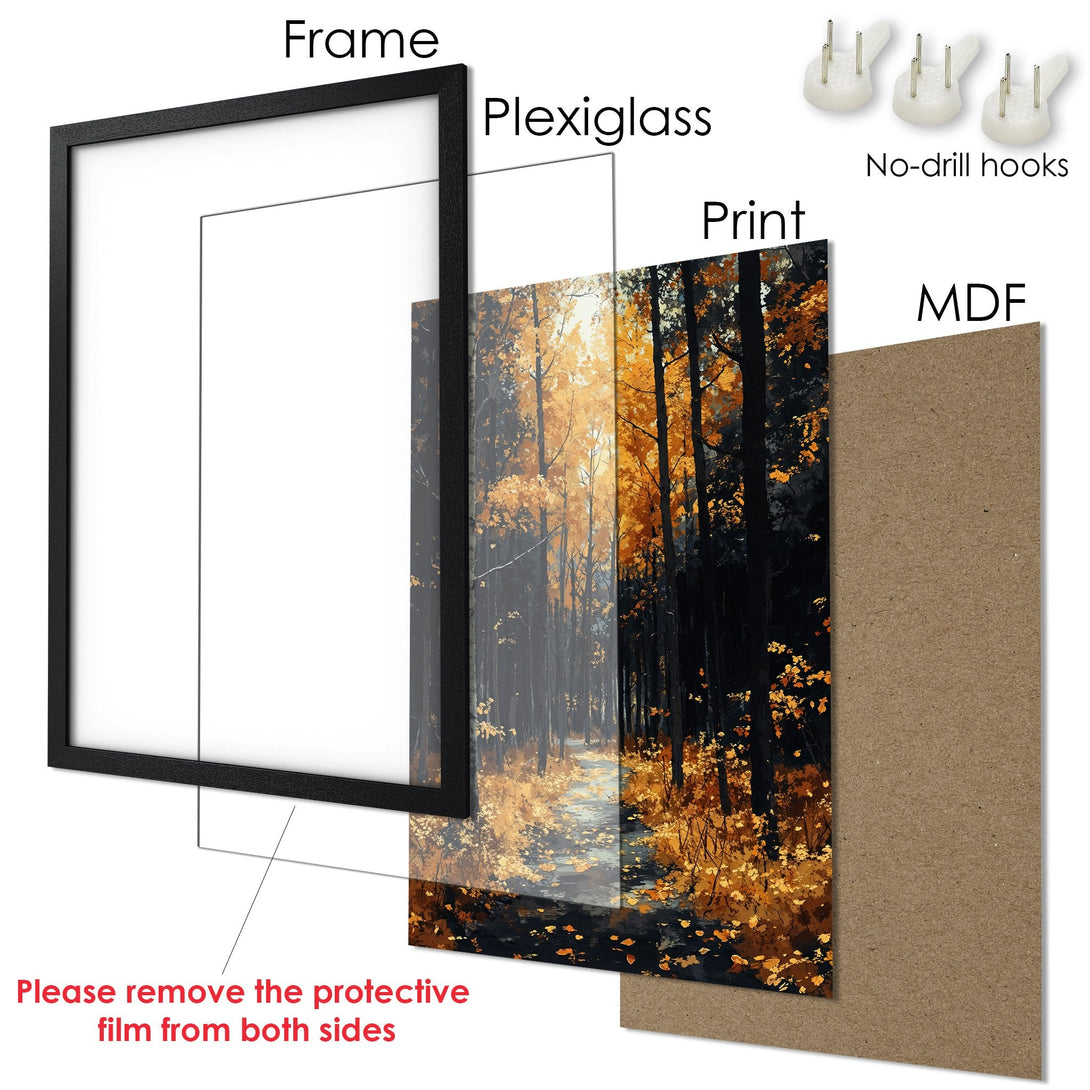 Framed Poster featuring a forest scene with a warm, autumnal color palette. Enhance your space with this art print!