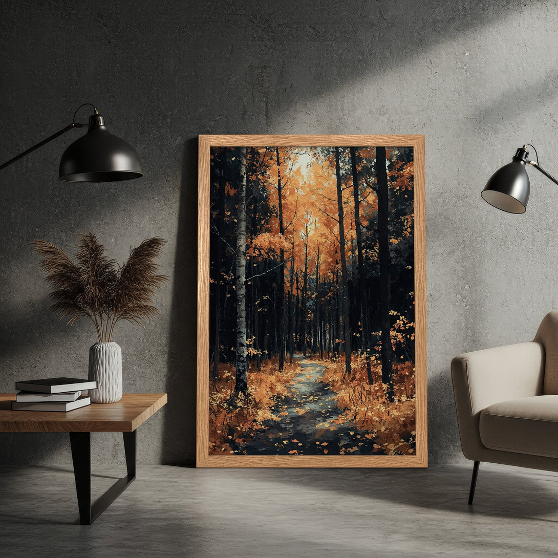Framed Poster of a forest scene in warm autumn colors. Bring nature's beauty to your home with this stunning art print.