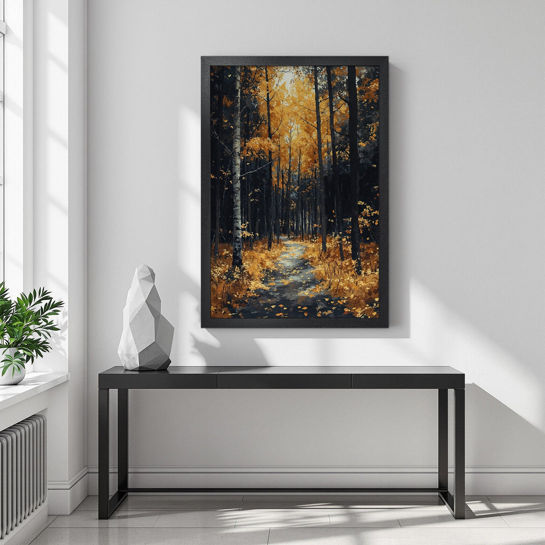 Framed Poster of a forest path in autumn colors. Artistic style, featuring a dark, moody palette with gold and black tones.