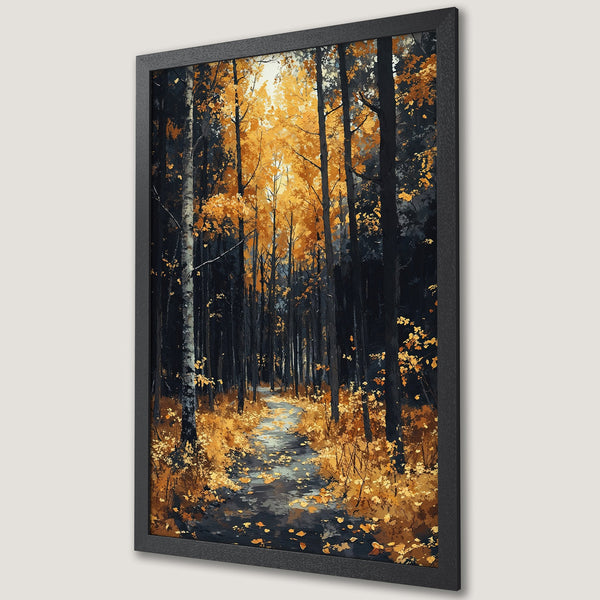 Framed Poster of a forest path in autumn. Artistic style with a dark, moody palette of black, gold, and brown. Perfect wall art.
