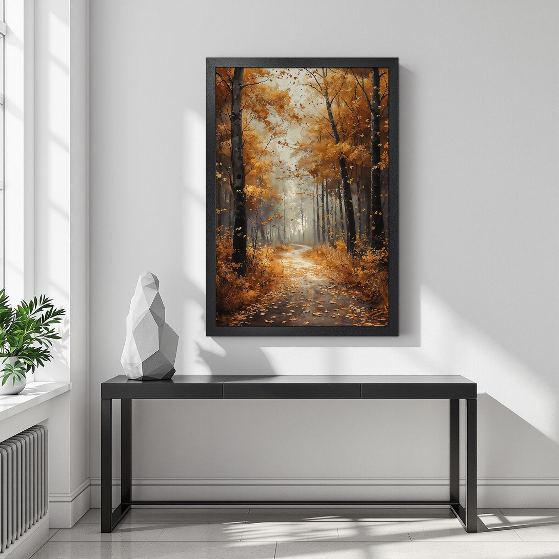 Framed Poster of an autumn forest scene in warm orange and brown tones. Perfect wall art for a cozy home.
