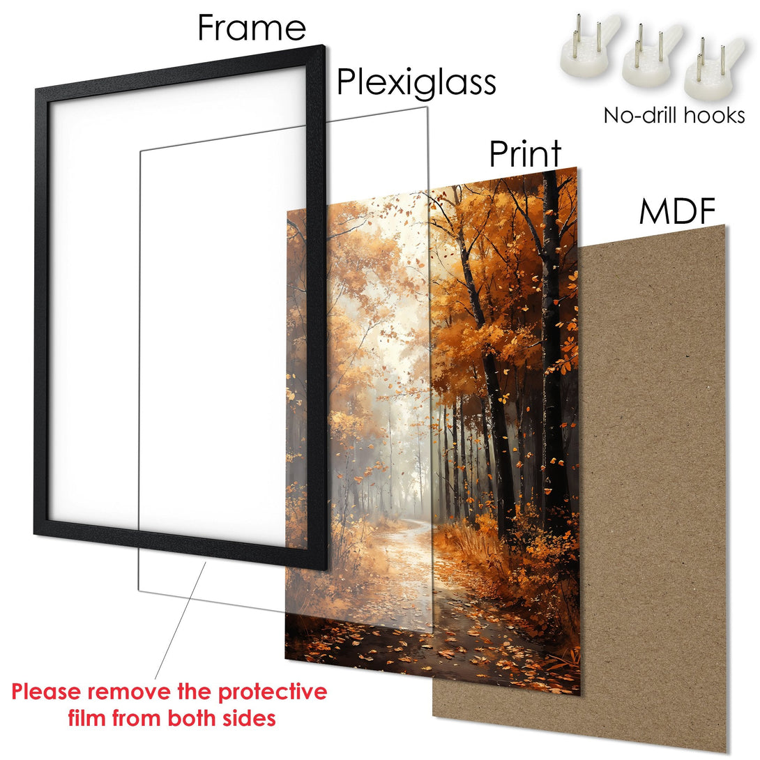 Framed Poster featuring an autumn forest scene in warm orange and brown tones. Perfect wall art for your home!