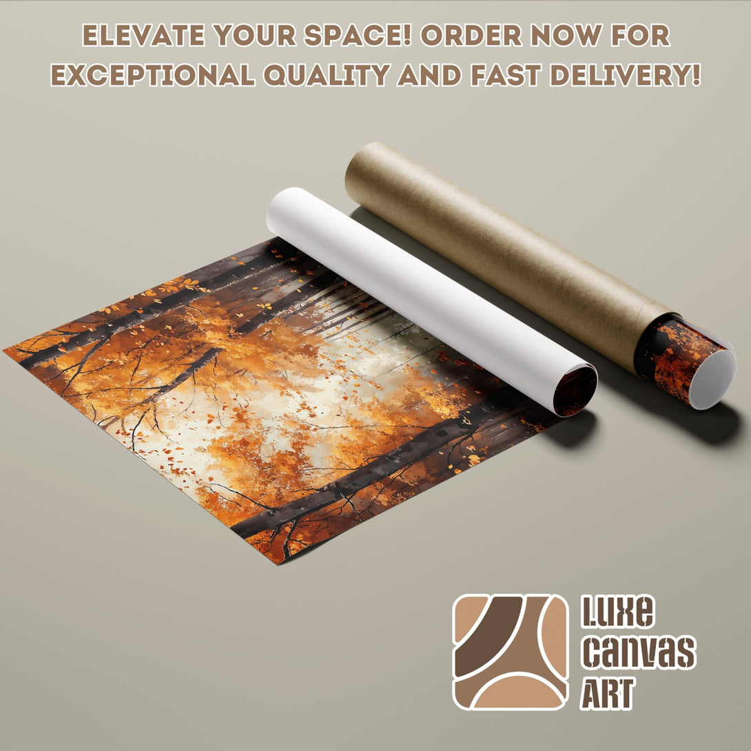 Poster Roll featuring an autumn forest scene in warm orange and brown tones. Elevate your space with this beautiful art.