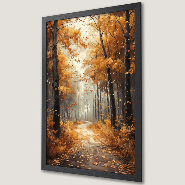 Framed Poster featuring a serene autumn forest scene with warm orange and brown tones. Perfect for adding a touch of nature's beauty to your home.