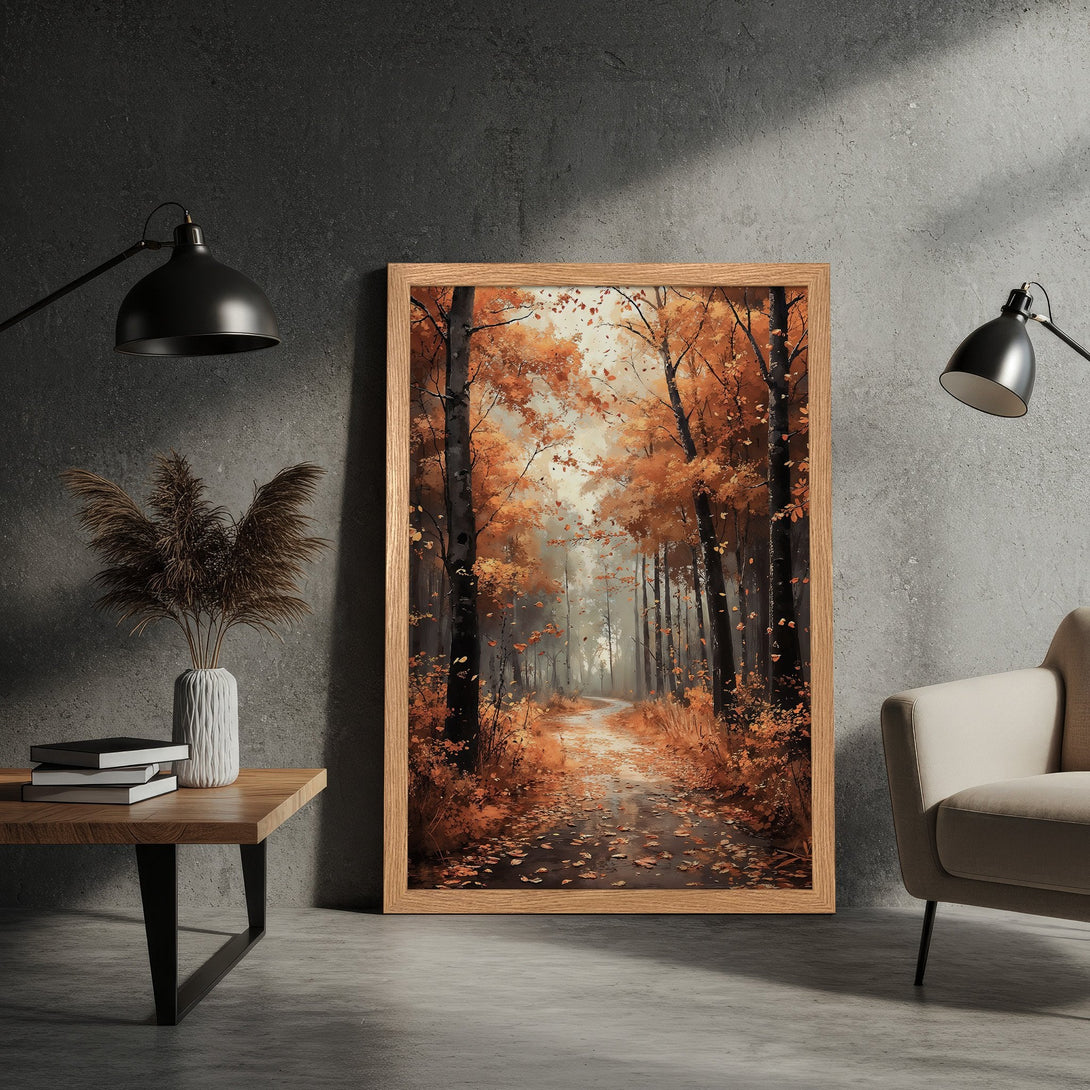 Framed Poster featuring an autumn forest scene in warm orange and brown tones, perfect for home decor.