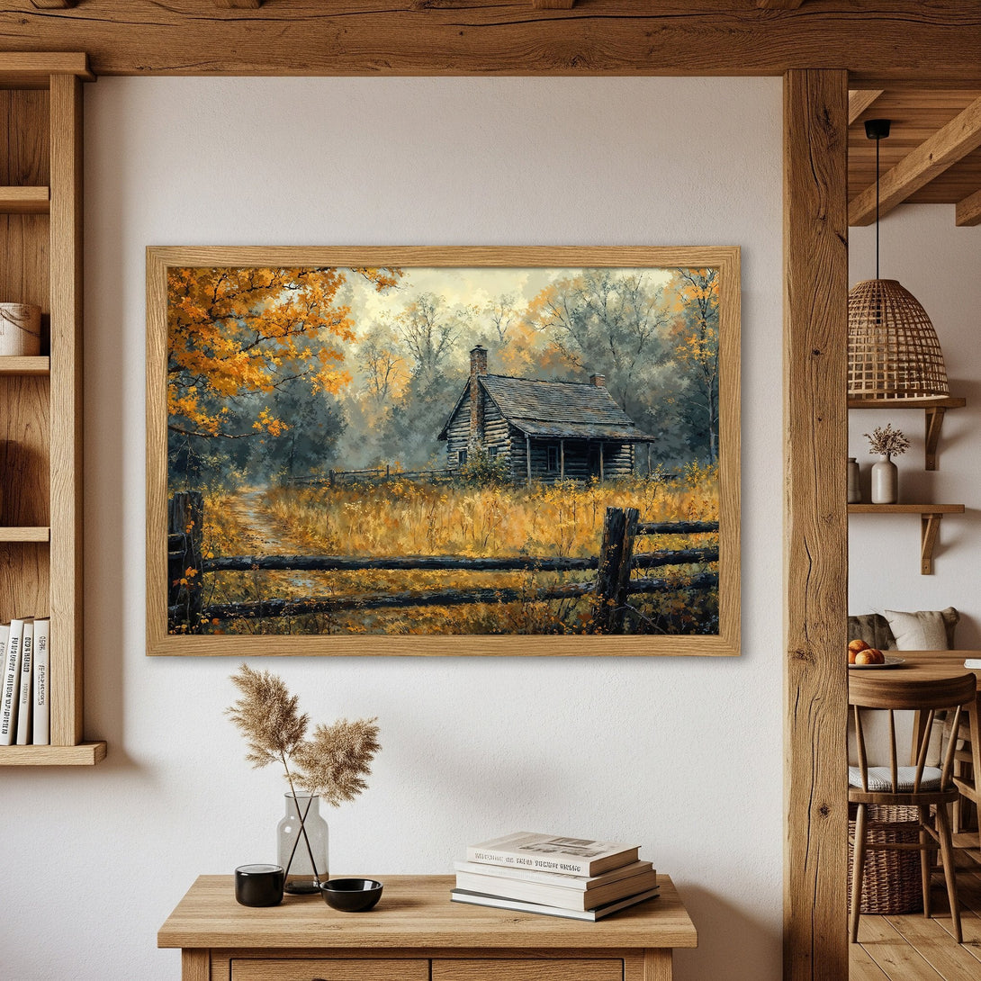 Framed Poster of a rustic cabin in a fall landscape, featuring warm autumn colors and a serene, painterly style. Perfect wall art!