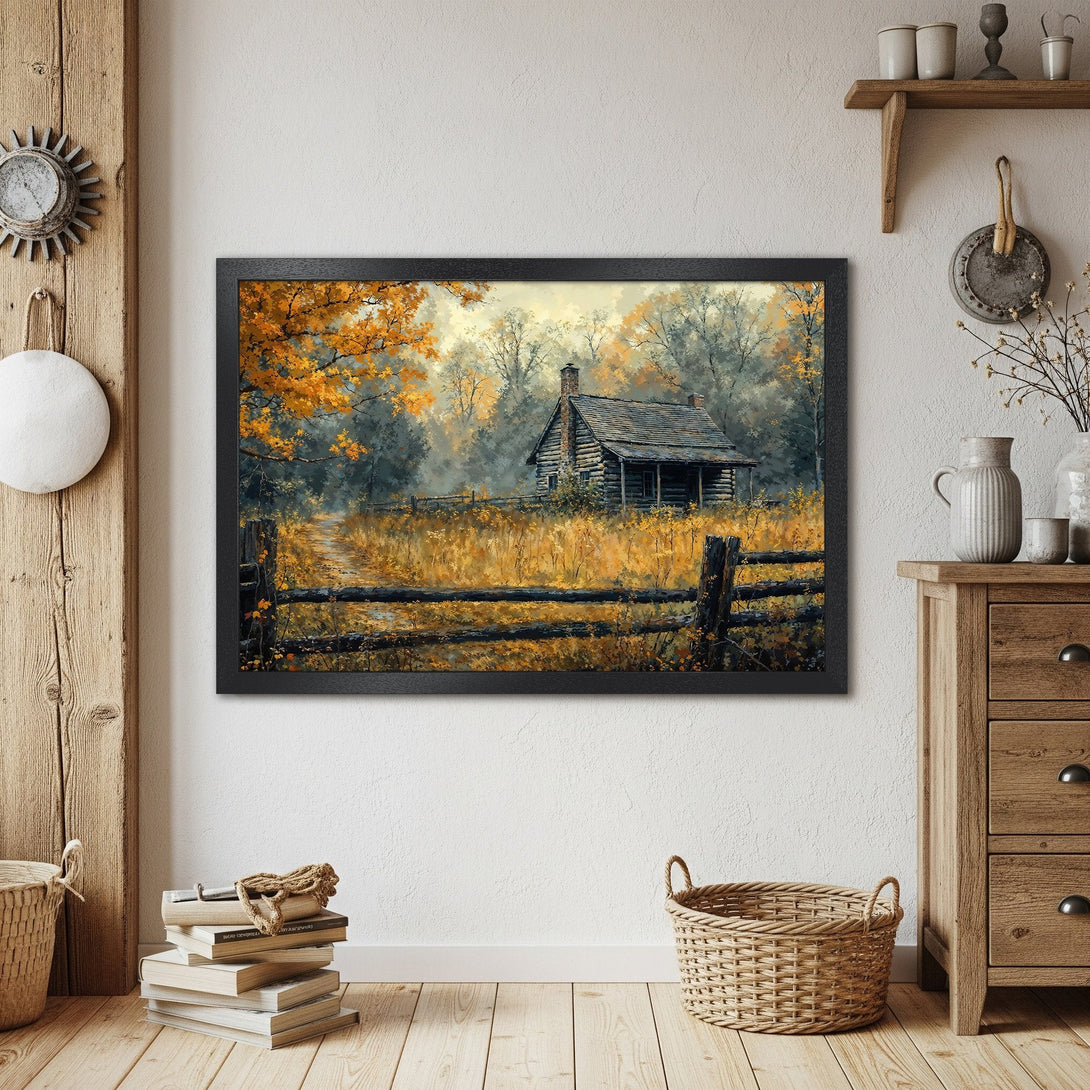 Framed Poster of a rustic cabin in an autumnal landscape. Warm color palette, perfect for home decor.
