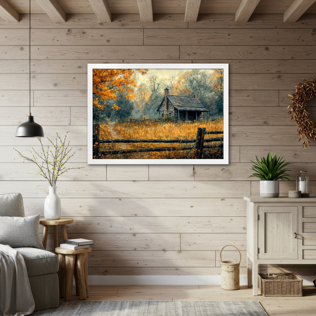 Framed Poster of a rustic cabin in a fall landscape, warm colors, perfect for cozy home decor.