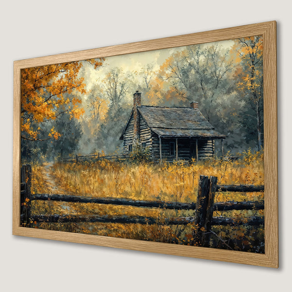 Framed Poster of a rustic cabin in an autumn landscape, painted in a warm, inviting color palette with gold, brown, and gray tones.