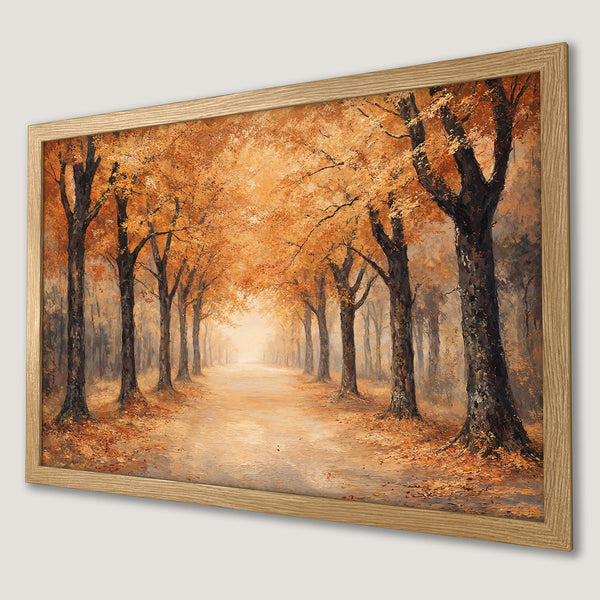 Framed Poster of an autumn forest scene in warm orange and brown tones, perfect for adding a touch of nature to your home.