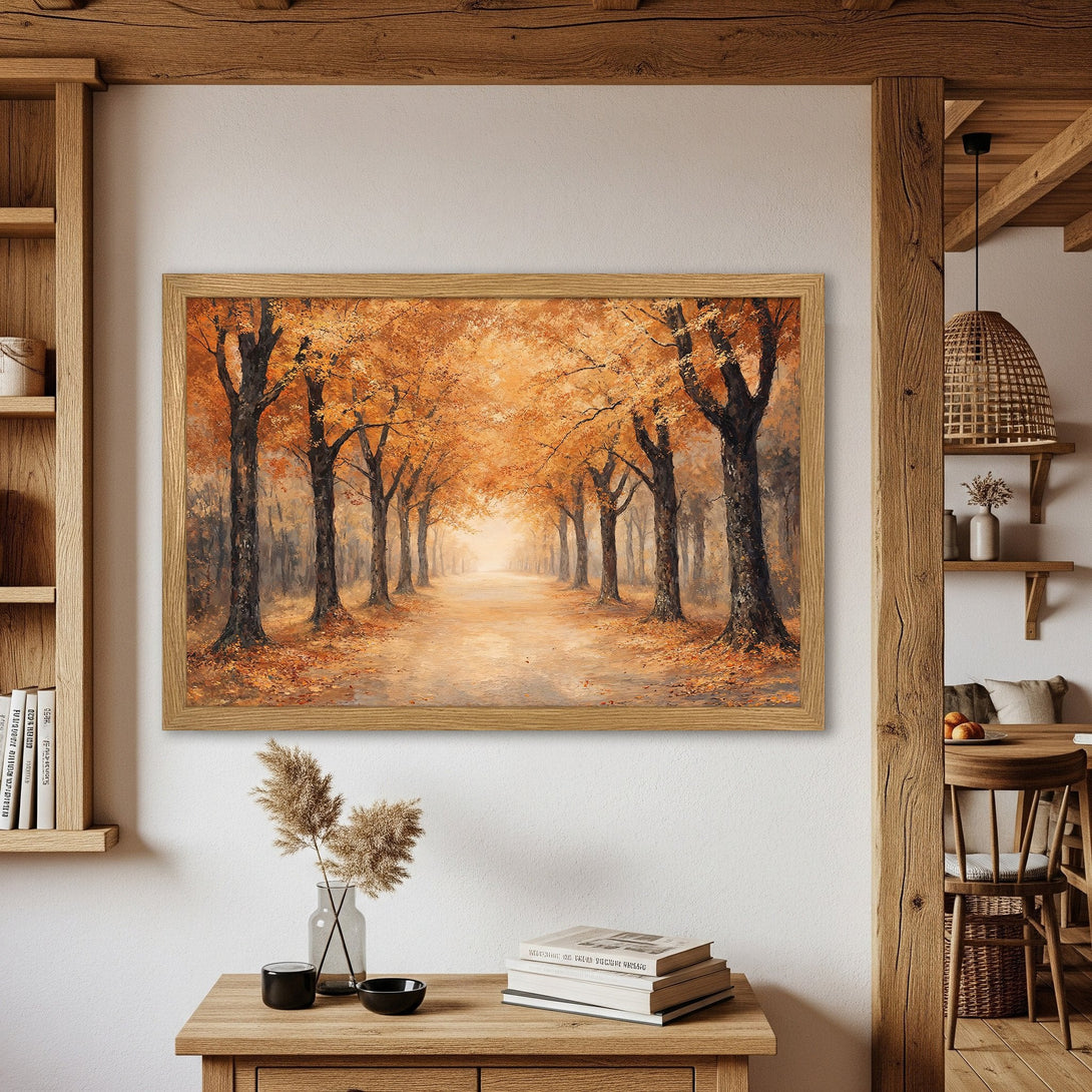 Framed Poster of autumn forest scene. Warm orange and brown tones create a cozy, inviting aesthetic. Perfect for home decor.