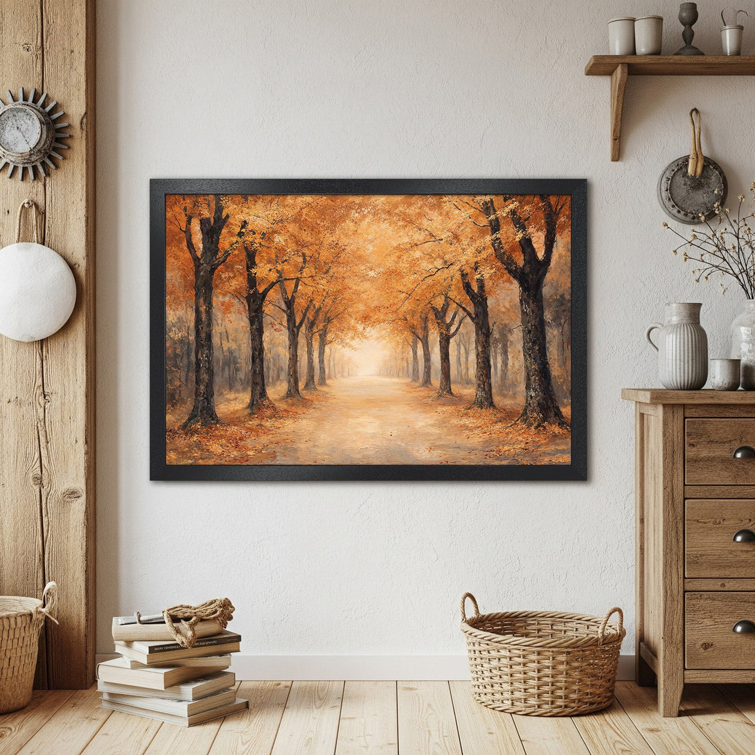 Framed Poster of an autumn forest scene in warm orange tones. Perfect wall art for a cozy home.