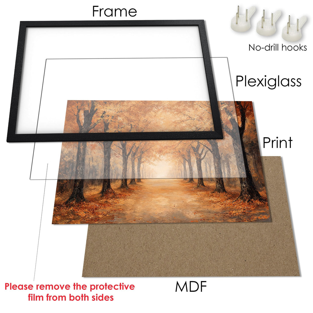 Framed Poster of an autumn forest scene. Warm, earthy tones with impressionistic style. Perfect wall art for your home.