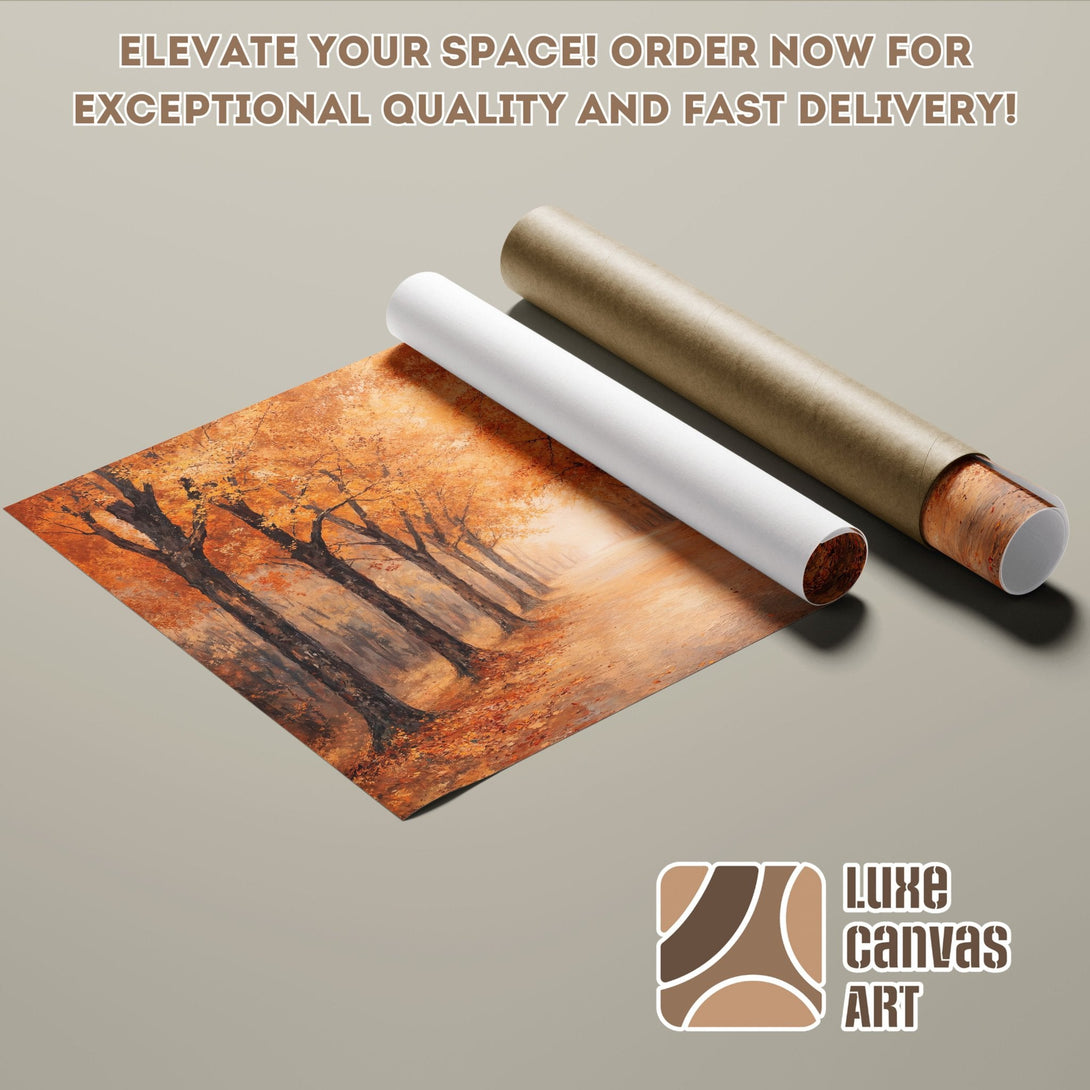 Autumn landscape poster roll. Warm orange and brown tones, artistic style. Order your art today!