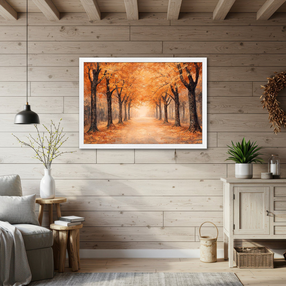 Framed Poster of an autumn forest scene in warm orange tones, perfect for adding a touch of nature to your home decor.