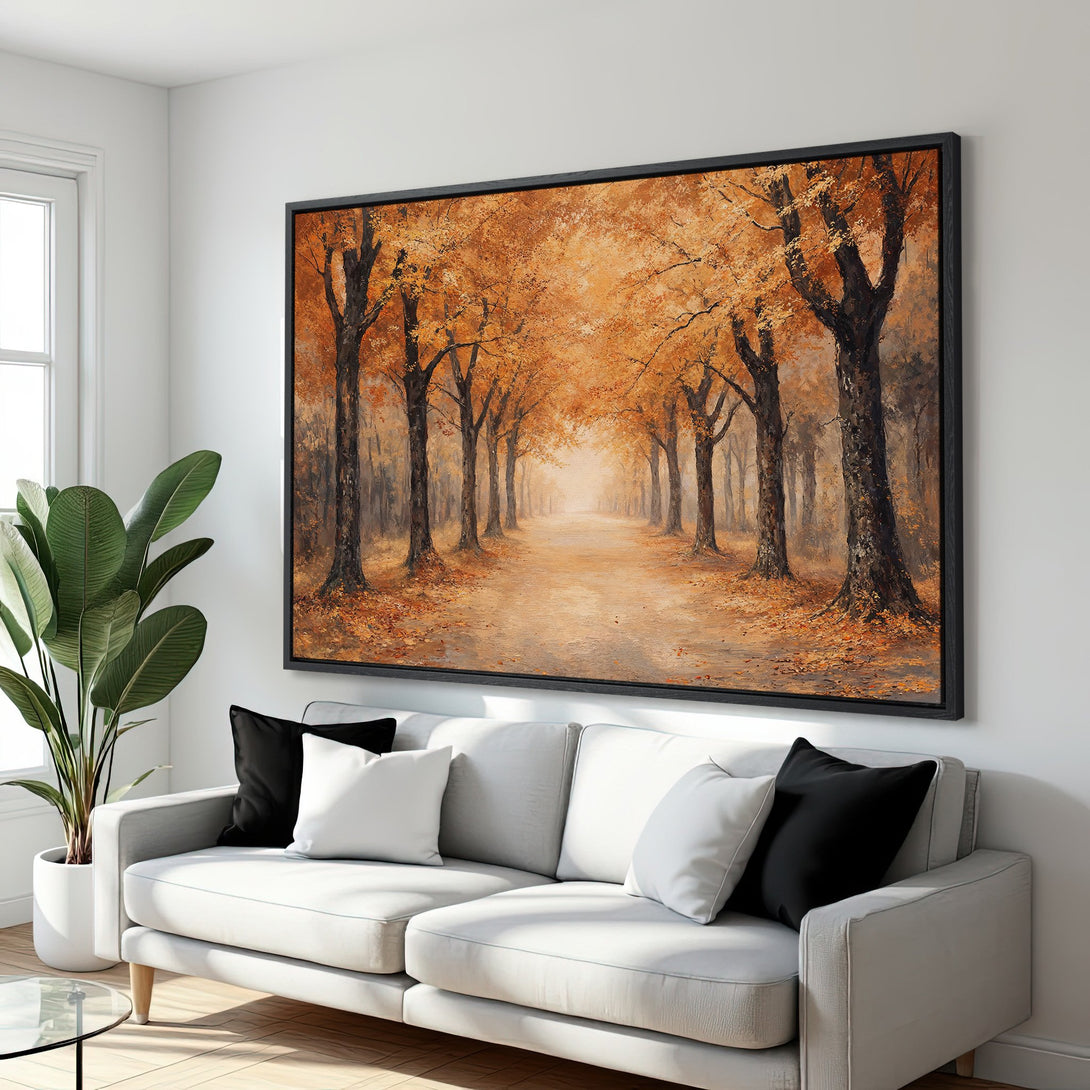 Framed Wall Art of an autumn forest path in warm orange tones. Enhance your space with this beautiful landscape Canvas Print.