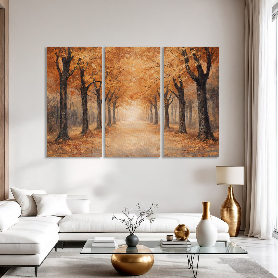 Canvas Print of an autumn forest scene, featuring a warm orange and brown color palette, perfect for adding a touch of nature to your home.