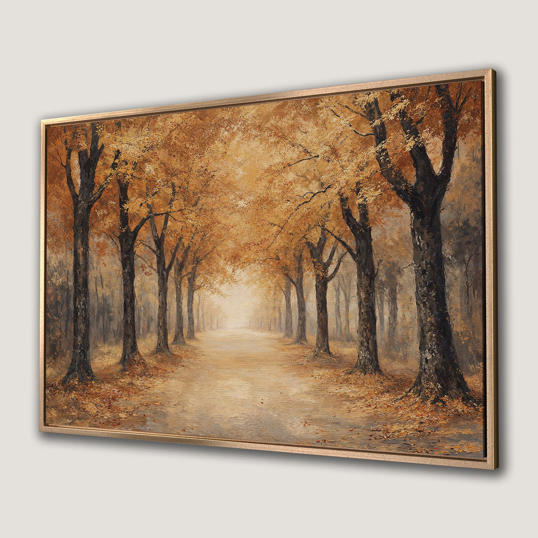 Framed Wall Art: Autumn forest path painting in warm orange and brown tones. Perfect for adding a touch of nature's beauty to your home decor.