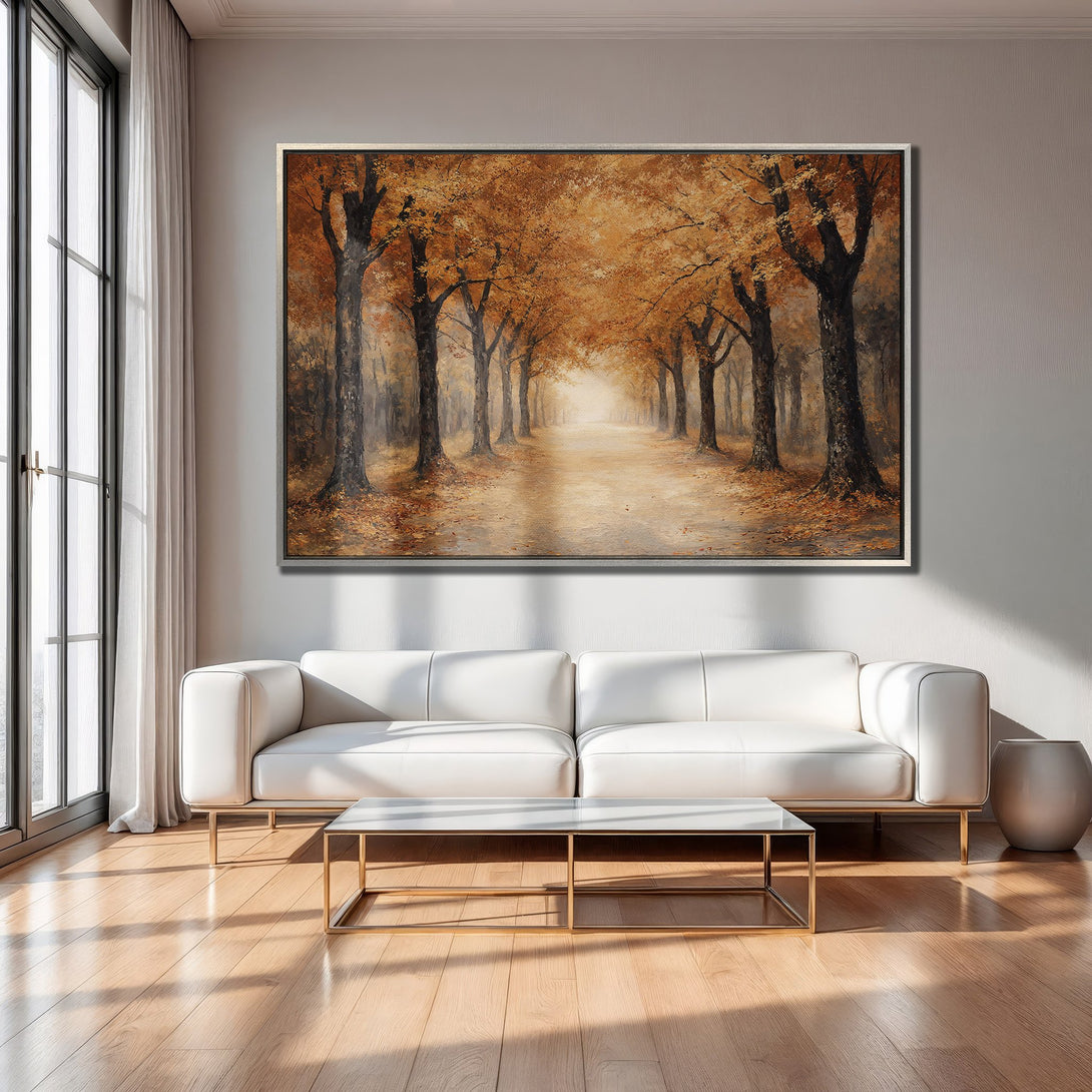 Framed Wall Art: Autumn forest scene in warm orange & brown tones. Enhance your living room with this stunning canvas print!