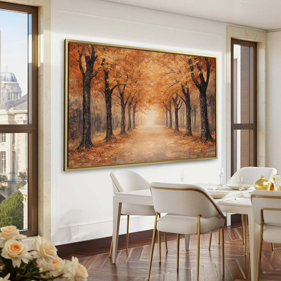 Canvas Print of an autumn forest scene in warm orange tones, displayed in a stylish interior. Perfect wall art for any home.