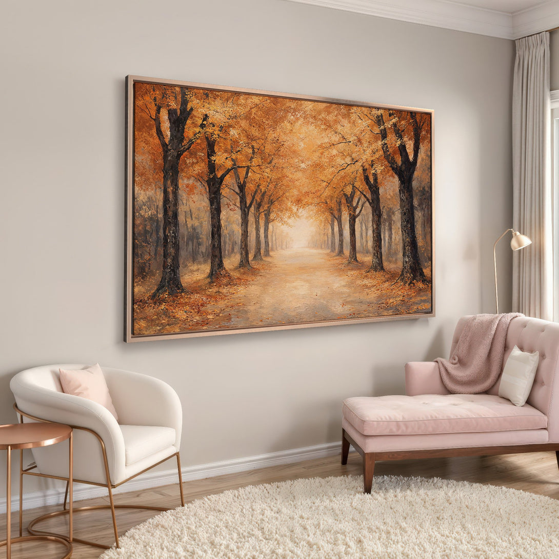 Framed Wall Art: Autumn forest scene in warm orange & brown tones. Elegant canvas print adds a touch of nature's beauty to any interior.