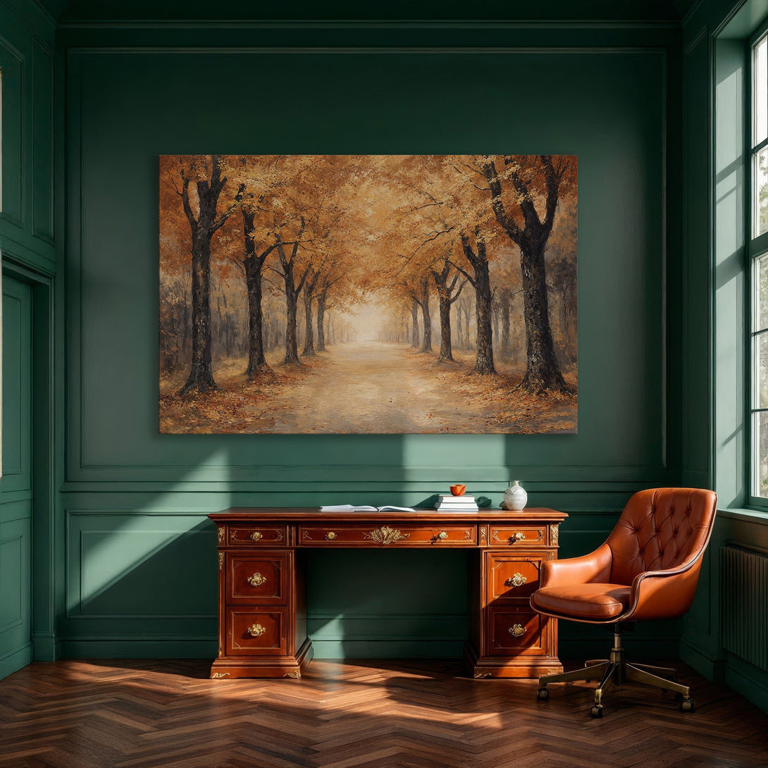 Framed Wall Art: Autumn forest scene in warm orange tones. Enhance your dining room with this stunning landscape canvas print!