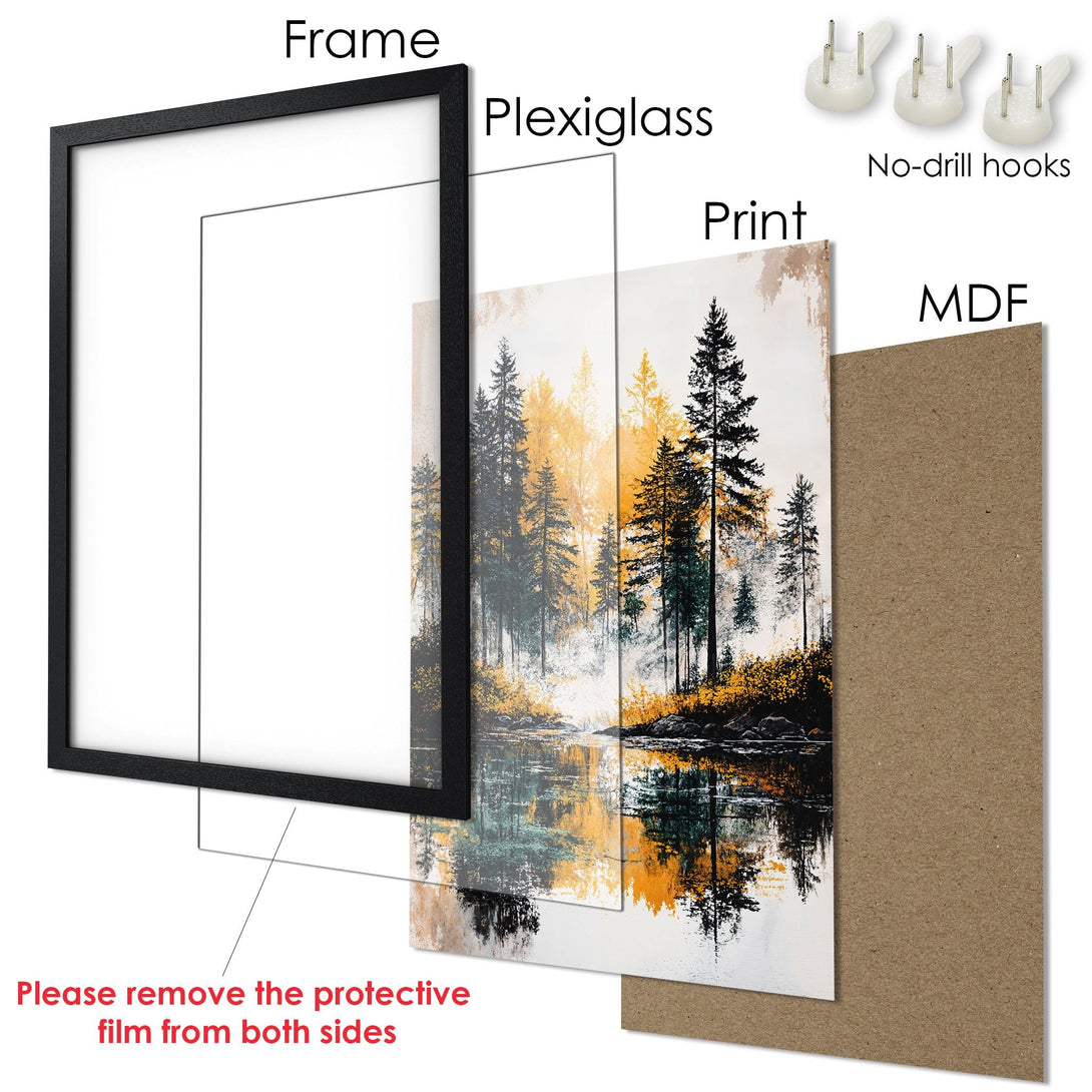Framed Poster featuring a serene forest landscape in a watercolor style with a warm, autumnal color palette. Perfect wall art!