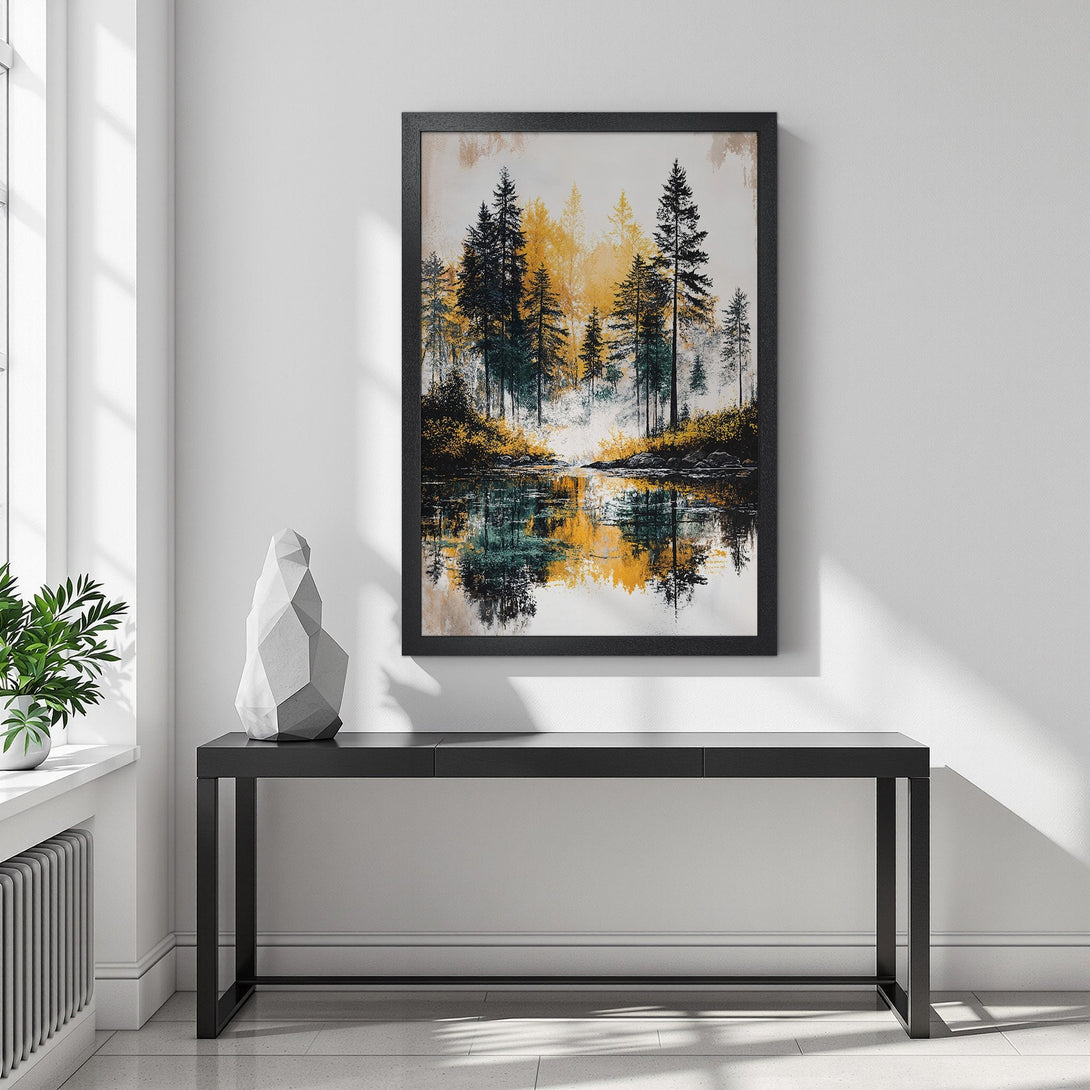 Framed Poster featuring a serene forest landscape in muted greens and golds. Perfect wall art for a calming space.