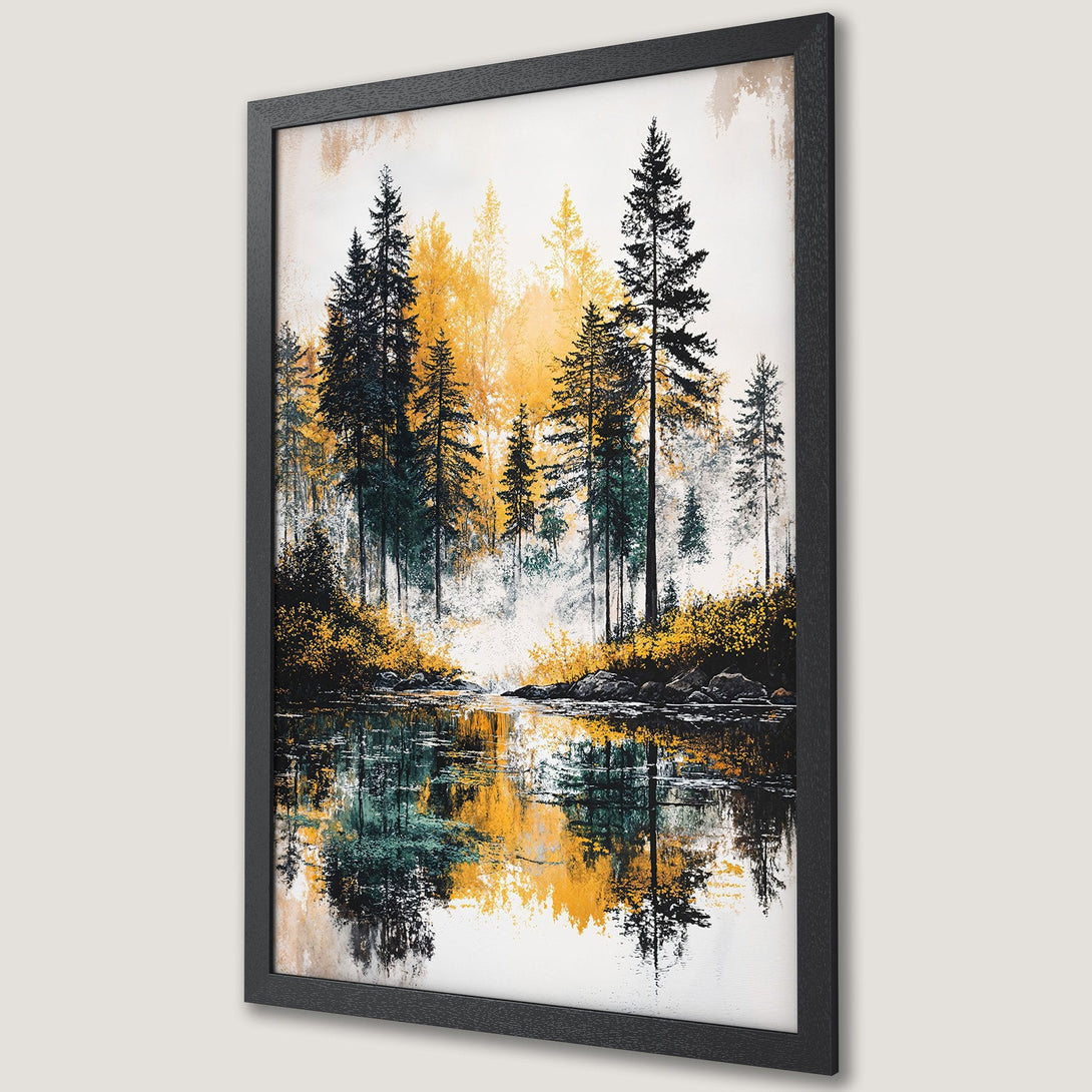 Framed Poster of a serene forest scene with a lake, featuring a vibrant yellow and teal color palette. Perfect for nature lovers!