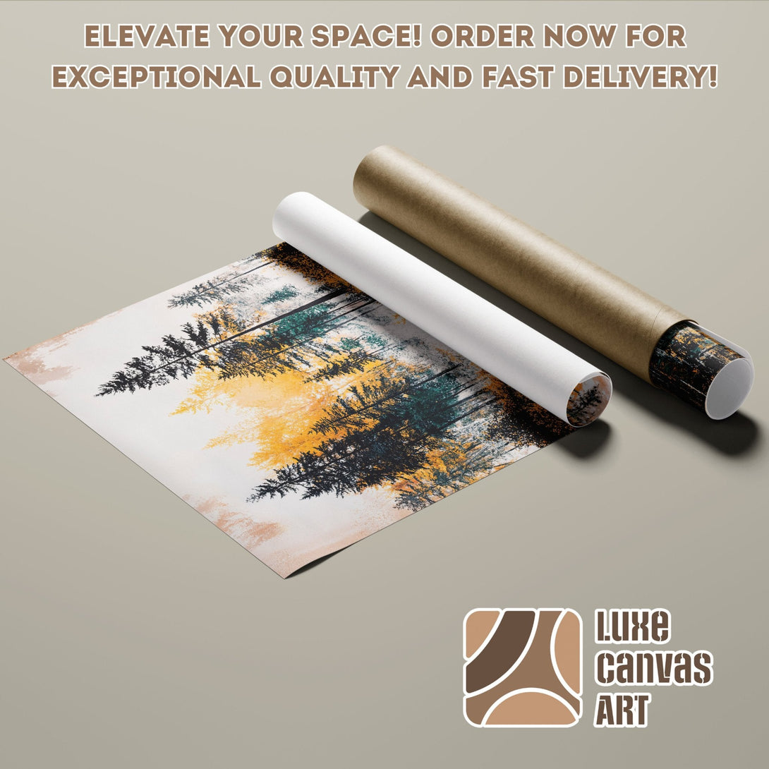 Abstract forest Poster Roll art in yellow, teal, and black. Elevate your space!