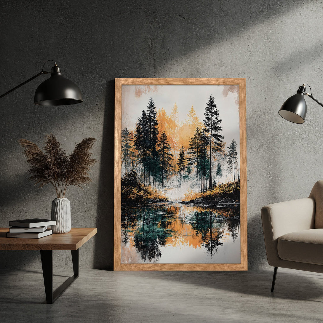 Framed Poster of a forest scene in a painterly style with a warm color palette. Perfect wall art!