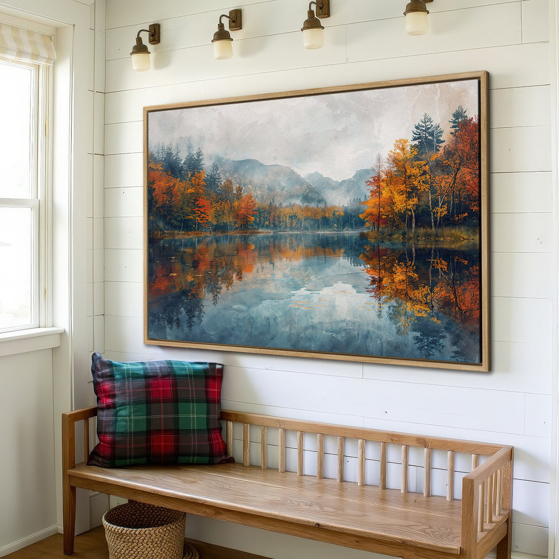 Framed Wall Art: Autumn lake scene in watercolor style, featuring vibrant orange and blue hues. Perfect for adding cozy vibes to your home decor.
