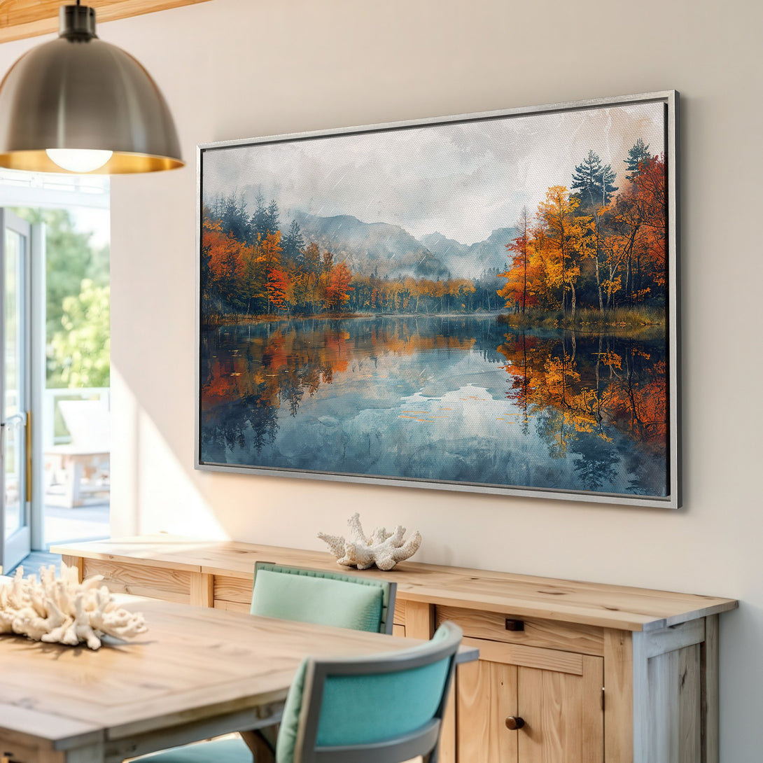 Framed Wall Art: Stunning autumn landscape Canvas Print with vibrant orange and blue hues. Perfect for adding a touch of nature's beauty to your home decor.