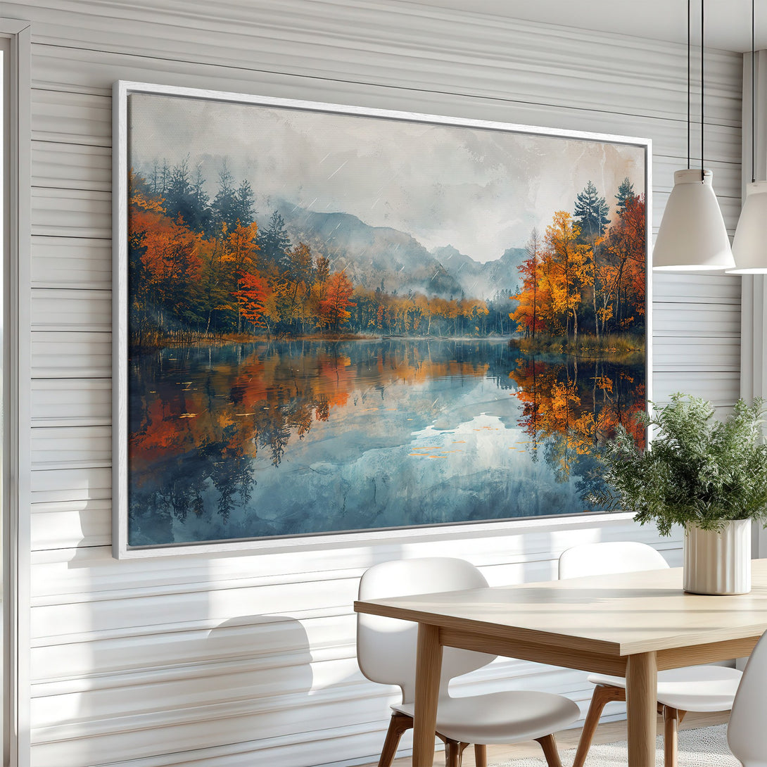 Framed Wall Art of a serene lake scene in watercolor style. Featuring vibrant autumn colors, this canvas print adds warmth and beauty to any interior.
