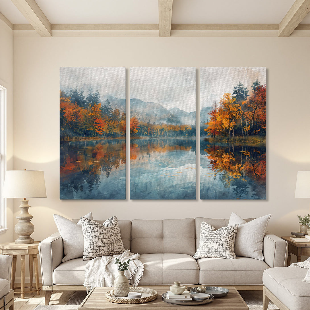 Canvas Print of a serene lake scene with autumn foliage. Watercolor style art in warm orange, yellow, and blue tones, perfect for adding a touch of nature to your home.