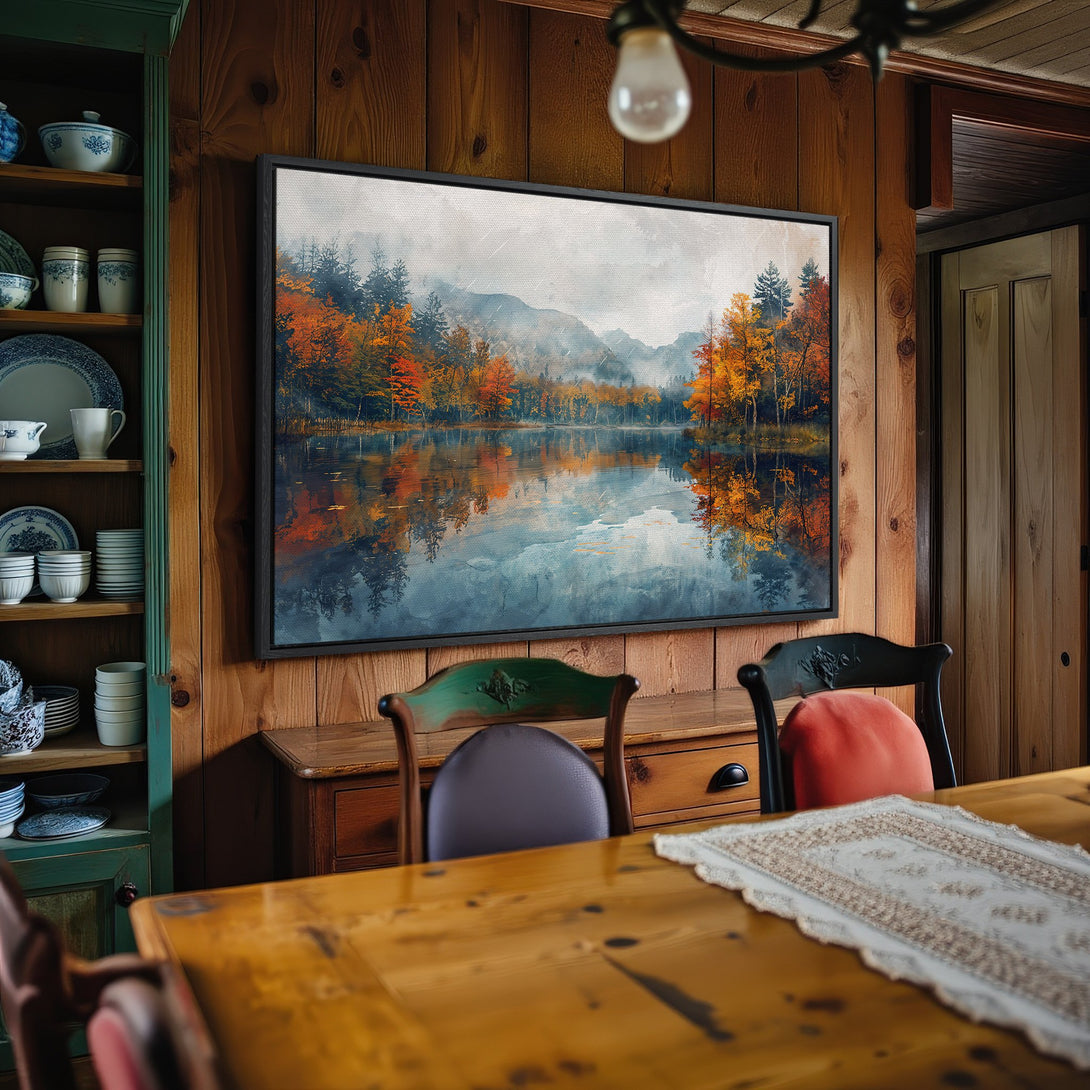 Framed Wall Art: Autumn landscape Canvas Print in warm orange & blue tones. Adds cozy, rustic charm to any interior. Shop now!