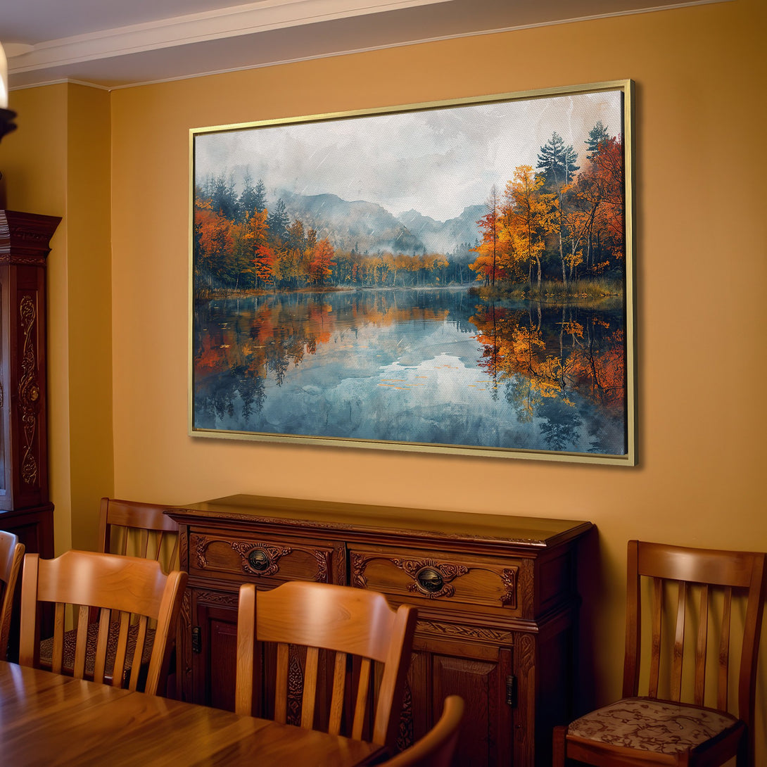 Canvas Print of a serene lake landscape with autumn colors. Warm orange, gold, and blue hues create a cozy, inviting atmosphere. Enhance your home decor!