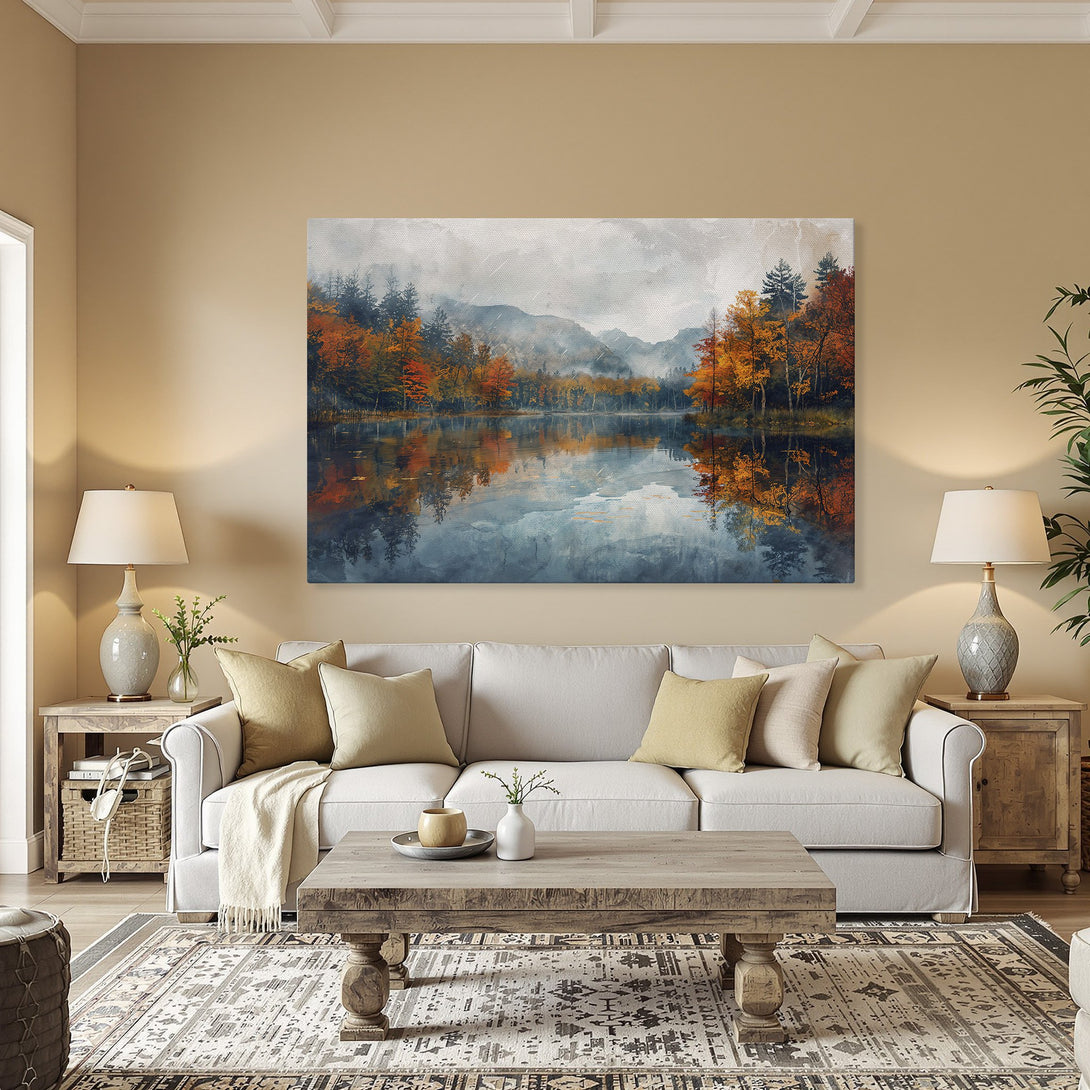 Framed Wall Art: Autumn lake scene in a warm color palette. Landscape Canvas Print adds cozy style to any room. Shop now!
