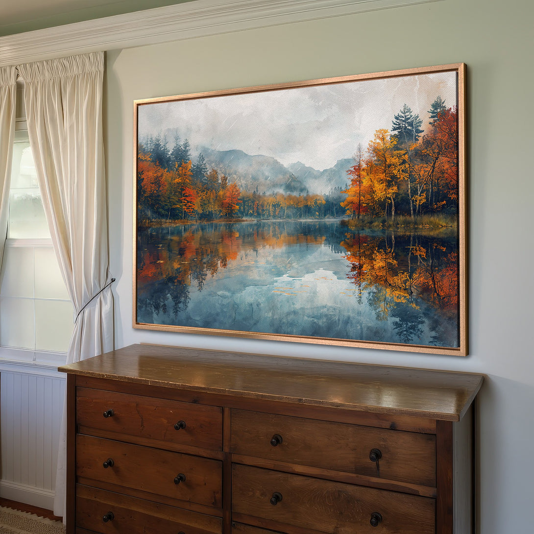 Framed Wall Art: Stunning autumn landscape Canvas Print with vibrant orange, yellow, and blue hues. Perfect for adding warmth & style to any room.