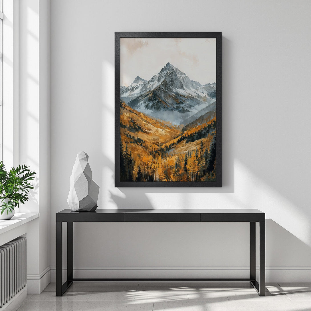 Framed Poster featuring a mountain landscape painting in warm autumn colors. Perfect wall art to elevate your home decor.