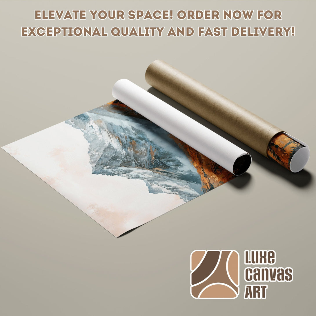 Poster Roll featuring a mountain landscape art print, with a neutral color palette.